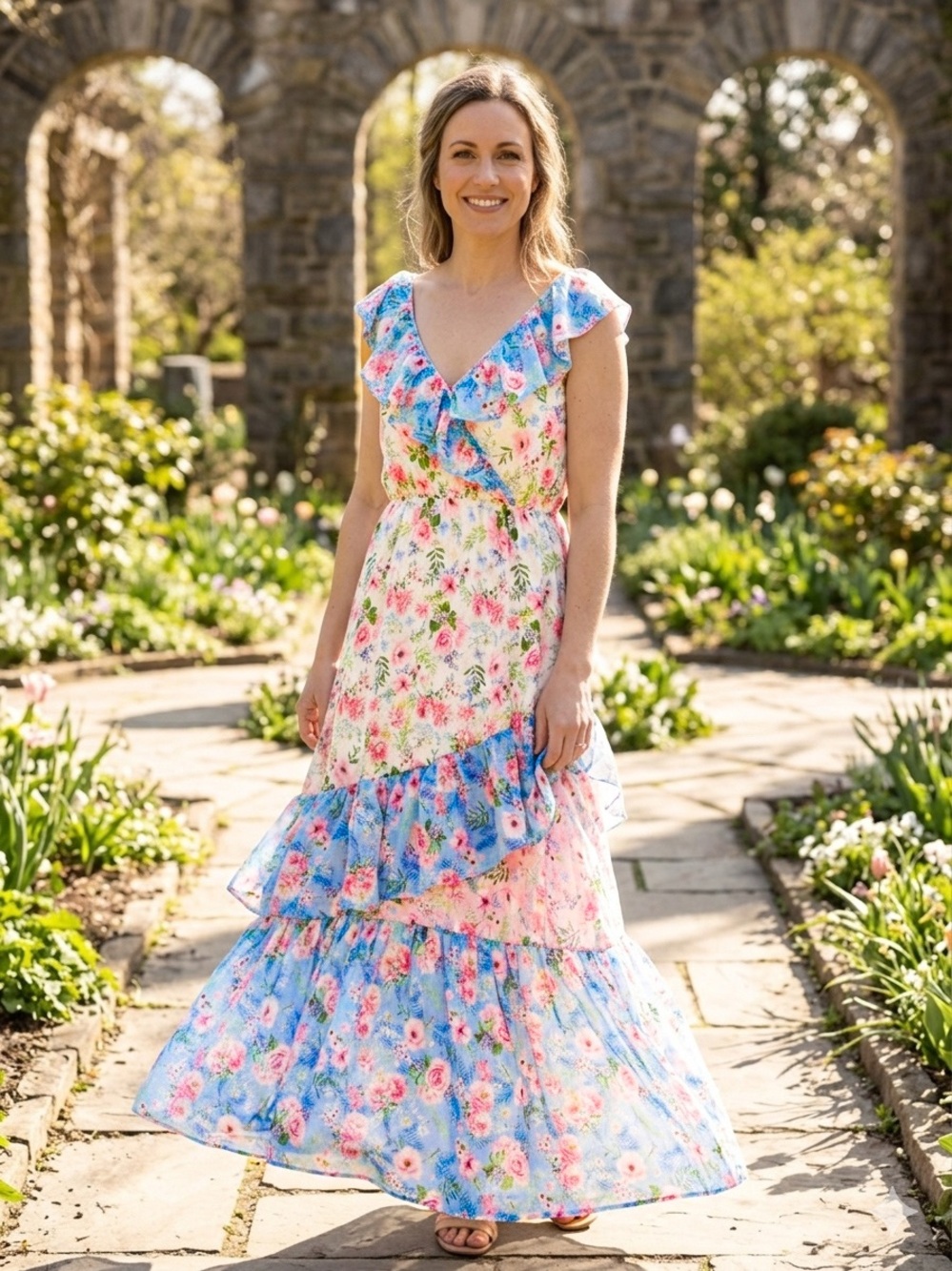 Sweet Love Floral Ruffle Wrap Maxi Dress Blue Pink NWT